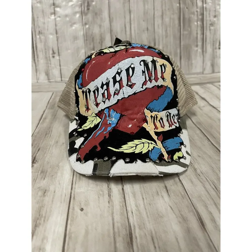 Bulzeye Hat Mens Beaded Cap Camo Tease Me Print Heart Embroidered Ripped A3
